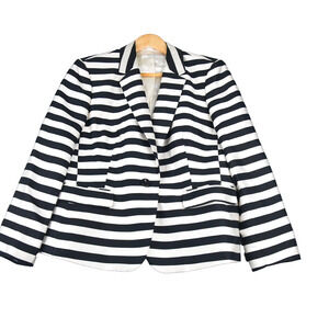 Nine West Blazer Women's 16 Black White Stripes Jacket Pockets Button Close